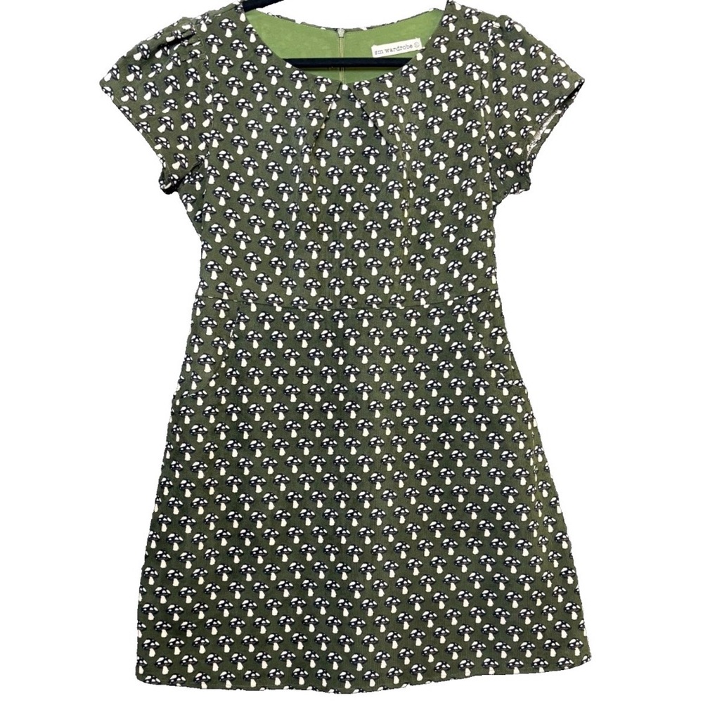 SM Wardrobe Mushroom Print Corduroy Dress Green Short Sleeve XL Fairy Retro Mod